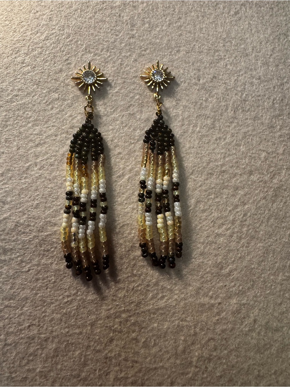 Gold-Tone Sunburst Black, White & Gold Beaded Tassel Earrings